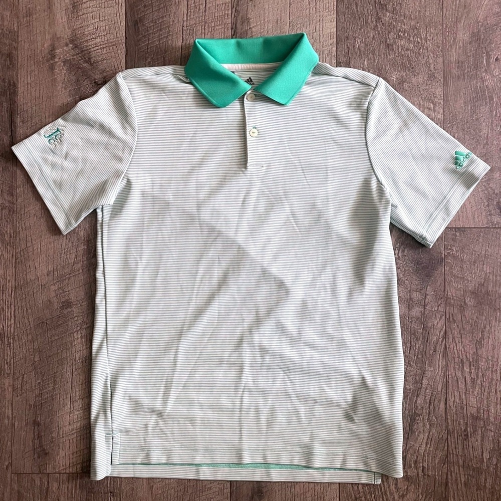 Adidas Golf Kids Large Mint White Striped Polo Shirt First Tee Logo L 13-14
